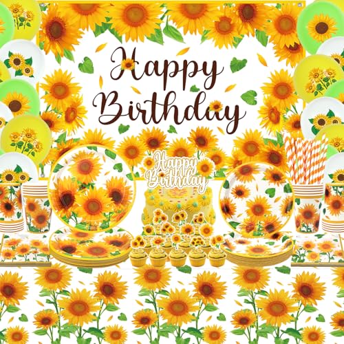 Sonnenblume Geburtstag Party Dekorationen - Sonnenblume alles Gute zum Geburtstag Kulisse, Kuchen Topper, Geschirr, Tischdecke und Luftballons, Sonnenblume Partyzubehör für Mädchen Frauen, serviert 20 Sonnenblume Geburtstag Party Dekorationen - Sonnenblume alles Gute zum Geburtstag Kulisse, Kuchen Topper, Geschirr, Tischdecke und Luftballons, Sonnenblume Partyzubehör für Mädchen Frauen, serviert 20 von Lilwemen