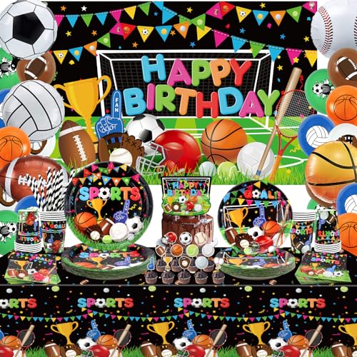 Sport-Thema Geburtstag Party-Dekorationen, einschließlich alles Gute zum Geburtstag Kulisse, Tischdecke, Geschirr und Luftballons, Fußball Basketball Fußball-Thema Party Supplies, servieren 20 Sport-Thema Geburtstag Party-Dekorationen, einschließlich alles Gute zum Geburtstag Kulisse, Tischdecke, Geschirr und Luftballons, Fußball Basketball Fußball-Thema Party Supplies, servieren 20 von Lilwemen