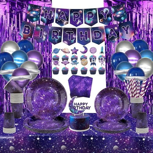Weltraum Galaxie Partygeschirr Set- Happy Birthday Party Banner, Luftballons, Folienvorhänge, Teller, Becher, Servietten, Folienballons, Geburtstagsparty-Dekoration im Weltraum-Thema, für 20 Personen Weltraum Galaxie Partygeschirr Set- Happy Birthday Party Banner, Luftballons, Folienvorhänge, Teller, Becher, Servietten, Folienballons, Geburtstagsparty-Dekoration im Weltraum-Thema, für 20 Personen von Lilwemen