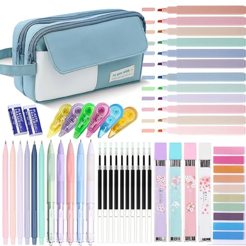 Federmäppchen mit großem Fassungsvermögen und ästhetischem Schulbedarf, 12 Textmarker, 5 schwarze Gelstifte, 6 Druckbleistifte, 0,5 und 0,7 mm, Haftnotizen, Schreibwaren-Set für Schüler (Blau 2) von LilyBeauty