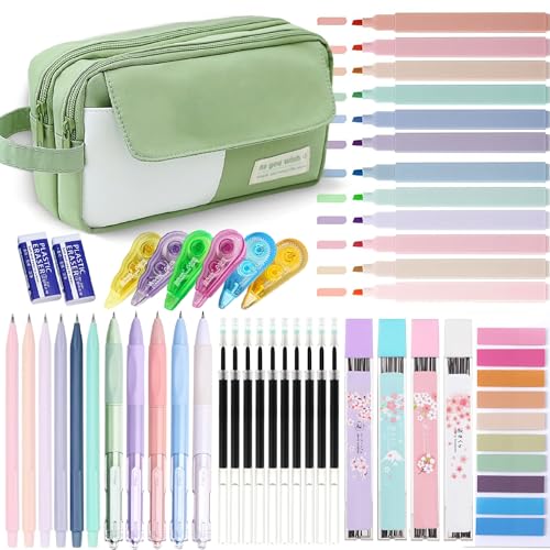 Federmäppchen mit großem Fassungsvermögen und ästhetischem Schulbedarf, 12 Textmarker, 5 schwarze Gelstifte, 6 Druckbleistifte, 0,5 und 0,7 mm, Haftnotizen, Schreibwaren-Set für Schüler (grün) von LilyBeauty