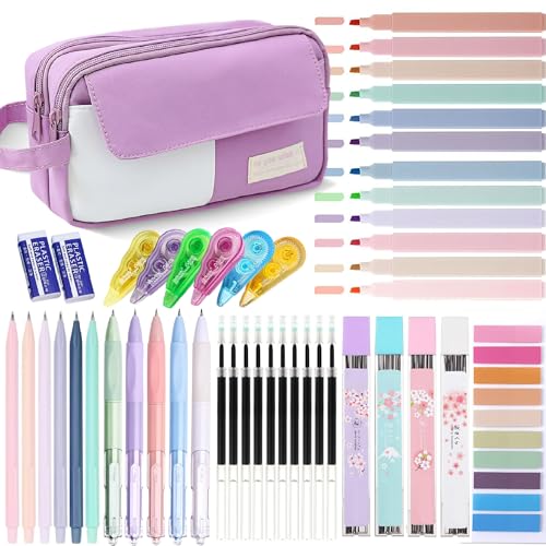 Federmäppchen mit großem Fassungsvermögen und ästhetischem Schulbedarf, 12 Textmarker, 5 schwarze Gelstifte, 6 Druckbleistifte, 0,5 und 0,7 mm, Haftnotizen, Schreibwaren-Set für Schüler (lila) von LilyBeauty