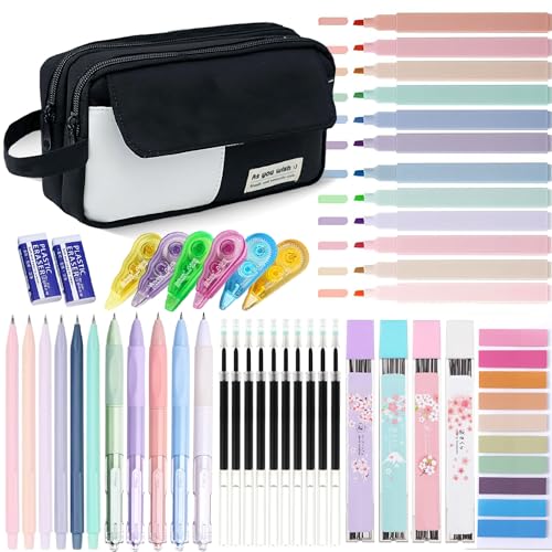 Federmäppchen mit großem Fassungsvermögen und ästhetischem Schulbedarf, 12 Textmarker, 5 schwarze Gelstifte, 6 Druckbleistifte, 0,5 und 0,7 mm, Haftnotizen, Schreibwaren-Set für Schüler (schwarz), 42 Federmäppchen mit großem Fassungsvermögen und ästhetischem Schulbedarf, 12 Textmarker, 5 schwarze Gelstifte, 6 Druckbleistifte, 0,5 und 0,7 mm, Haftnotizen, Schreibwaren-Set für Schüler (schwarz), 42 von LilyBeauty