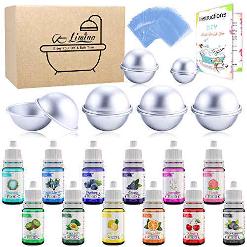 Badebomben Formen Set 12 Teiliges mit 12 Seifenfarbe, 30 Schrumpfbeutel - Badebomben Herstellung Kit zur DIY Badebomben - Flüssiger Badebombenfarbstoff zur Seifenherstellung, Soap, Bath Bombs Making von Limino