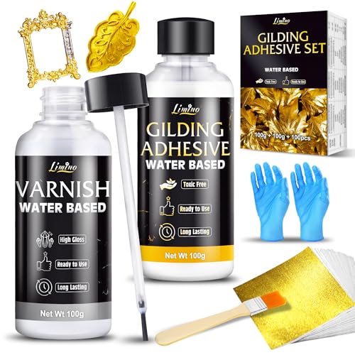 Blattgold Kleber Set - 100g Wasserbasierter Kleber und 100g Glanzlack mit Pinsel, 100 Stück Blattgold, Blattvergoldungs-Set mit Klebstoff für Basteln, Kunst, Handwerk, Malerei, Möbel und Dekoration von Limino