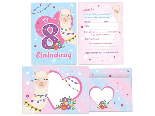 10 Einladungskarten inkl. 10 Briefumschläge Kuverts zum 8. Kindergeburtstag Motto-Party Feier Fest Einladung Set Geburtstag Mädchen Kinder Mädels Tiere Kamel Lama Alpaka blau rosa von Limonia