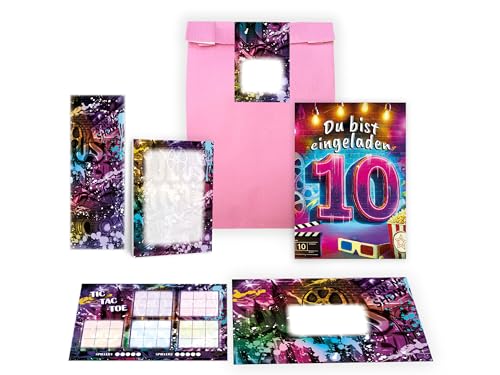 10 Einladungskarten zum 10. Geburtstag Kindergeburtstag Kino Cinema Party Unisex Mädchen Jungs Gastgeschenk inkl. 10 Umschläge, 10 Tüten, 10 Aufkleber, 10 Lesezeichen, 10 Blöcke, 10 Tic Tac Toe von Limonia