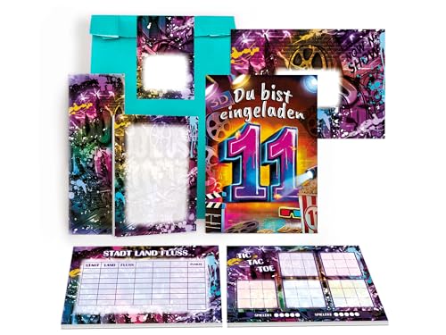 10 Einladungskarten zum 11. Geburtstag Kindergeburtstag Graffiti Street Art Party Mitgebsel inkl. 10 Umschläge, 10 Tüten, 10 Aufkleber, 10 Lesezeichen, 10 Blöcke, 10 Stadt-Land-Fluss, 10 Tic Tac Toe 10 Einladungskarten zum 11. Geburtstag Kindergeburtstag Graffiti Street Art Party Mitgebsel inkl. 10 Umschläge, 10 Tüten, 10 Aufkleber, 10 Lesezeichen, 10 Blöcke, 10 Stadt-Land-Fluss, 10 Tic Tac Toe von Limonia