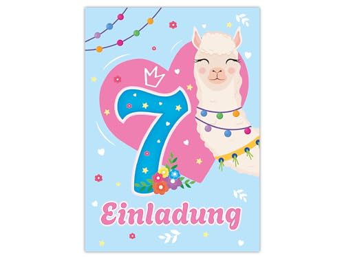 10 Einladungskarten zum 7. Kindergeburtstag Motto-Party Feier Fest Einladung Set Geburtstag Mädchen Kinder Mädels Teenies Tiere Kamel Lama Alpaka blau rosa von Limonia
