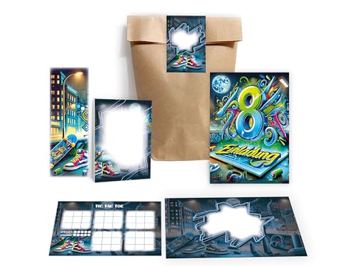 10 Einladungskarten zum 8. Kindergeburtstag Mädchen Kinder Jungs Jungen Boys Gastgeschenk inkl. 10 Umschläge, 10 Tüten, 10 Aufkleber, 10 Lesezeichen, 10 Blöcke, 10 Tic Tac Toe Graffiti Street Art 10 Einladungskarten zum 8. Kindergeburtstag Mädchen Kinder Jungs Jungen Boys Gastgeschenk inkl. 10 Umschläge, 10 Tüten, 10 Aufkleber, 10 Lesezeichen, 10 Blöcke, 10 Tic Tac Toe Graffiti Street Art von Limonia