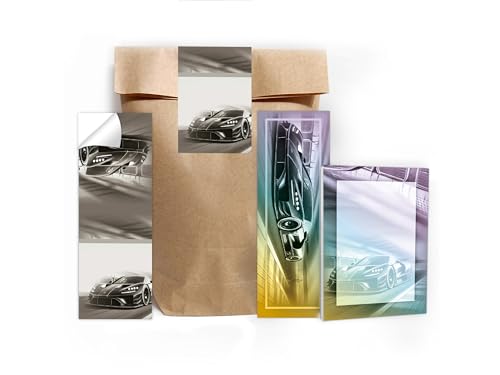 10 Lesezeichen + 10 Mini-Notizblöcke je 25 Blätter A7 + 10 Tüten (natur) + 10 Aufkleber Set Gastgeschenk Mitgebsel zum Kindergeburtstag Motto-Party Unisex Teenies Mädels Jungs Auto Rennauto von Limonia