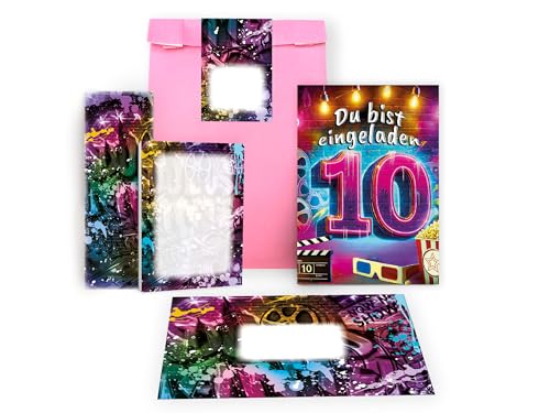 12 Einladungskarten zum 10. Geburtstag Kindergeburtstag Kino Cinema Party Graffiti Einladung Mädchen Kinder Jungen Mitgebsel inkl. 12 Umschläge, 12 Tüten, 12 Aufkleber, 12 Lesezeichen, 12 Blöcke von Limonia