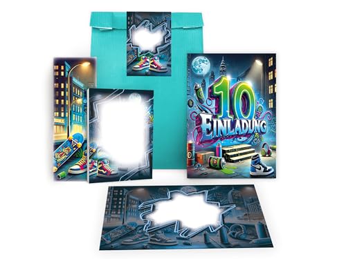 12 Einladungskarten zum 10. Kindergeburtstag Graffiti Street Art Party Einladung Geburtstag Mädchen Kinder Jungen Mitgebsel inkl. 12 Umschläge, 12 Tüten, 12 Aufkleber, 12 Lesezeichen, 12 Blöcke 12 Einladungskarten zum 10. Kindergeburtstag Graffiti Street Art Party Einladung Geburtstag Mädchen Kinder Jungen Mitgebsel inkl. 12 Umschläge, 12 Tüten, 12 Aufkleber, 12 Lesezeichen, 12 Blöcke von Limonia
