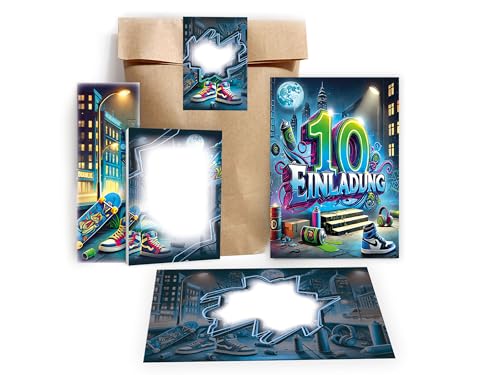 12 Einladungskarten zum 10. Kindergeburtstag Graffiti Street Art Party Einladung Geburtstag Mädchen Kinder Jungen Mitgebsel inkl. 12 Umschläge, 12 Tüten, 12 Aufkleber, 12 Lesezeichen, 12 Blöcke 12 Einladungskarten zum 10. Kindergeburtstag Graffiti Street Art Party Einladung Geburtstag Mädchen Kinder Jungen Mitgebsel inkl. 12 Umschläge, 12 Tüten, 12 Aufkleber, 12 Lesezeichen, 12 Blöcke von Limonia