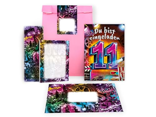 12 Einladungskarten zum 11. Geburtstag Kindergeburtstag Kino Cinema Party Graffiti Einladung Mädchen Kinder Jungen Mitgebsel inkl. 12 Umschläge, 12 Tüten, 12 Aufkleber, 12 Lesezeichen, 12 Blöcke von Limonia
