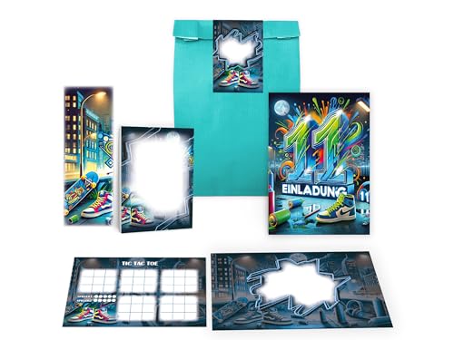 12 Einladungskarten zum 11. Kindergeburtstag Graffiti Party Unisex Mädchen Kinder Jungs Jungen Gastgeschenk inkl. 12 Umschläge, 12 Tüten, 12 Aufkleber, 12 Lesezeichen, 12 Blöcke, 12 Tic Tac Toe von Limonia