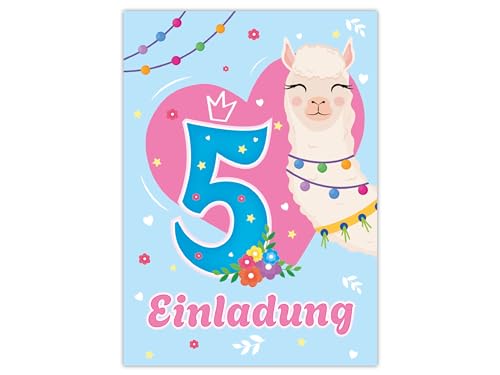 12 Einladungskarten zum 5. Kindergeburtstag Motto-Party Feier Fest Einladung Geburtstag Mädchen Kinder Lama Herz Queen rosa blau von Limonia