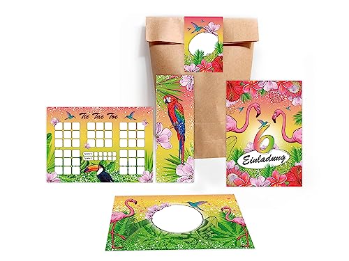 12 Einladungskarten zum 6. Geburtstag Einladung Kindergeburtstag Mädchen Karten Flamingo Kolibri Papagei Tropen Palmen incl. 12 Umschläge, 12 Tüten, 12 Aufkleber, 12 Lesezeichen, 12 Tic Tac Toe von Limonia