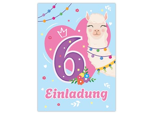 12 Einladungskarten zum 6. Kindergeburtstag Motto-Party Feier Fest Einladung Geburtstag Mädchen Kinder Lama Herz Queen rosa blau von Limonia