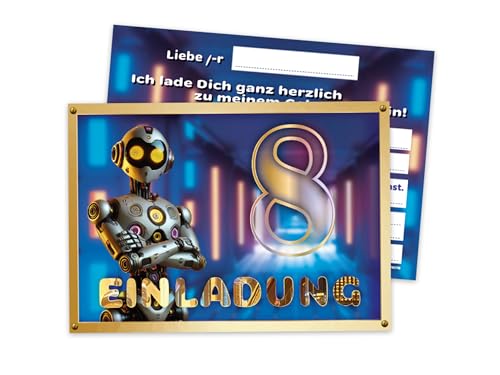12 Einladungskarten zum 8. Geburtstag - Geburtstagseinladung Einladung zum Kindergeburtstag Kinderparty Techno-Party für Jungs Kinder Science High-Tech Künstliche Intelligenz Roboter Neonfarben von Limonia