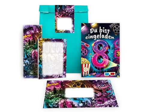 12 Einladungskarten zum 8. Geburtstag Kindergeburtstag Kino Cinema Graffiti Party Einladung Mädchen Kinder Jungen Mitgebsel inkl. 12 Umschläge, 12 Tüten, 12 Aufkleber, 12 Lesezeichen, 12 Blöcke von Limonia
