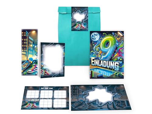 12 Einladungskarten zum 9. Kindergeburtstag Graffiti Party Unisex Mädchen Kinder Jungs Jungen Gastgeschenk inkl. 12 Umschläge, 12 Tüten, 12 Aufkleber, 12 Lesezeichen, 12 Blöcke, 12 Tic Tac Toe 12 Einladungskarten zum 9. Kindergeburtstag Graffiti Party Unisex Mädchen Kinder Jungs Jungen Gastgeschenk inkl. 12 Umschläge, 12 Tüten, 12 Aufkleber, 12 Lesezeichen, 12 Blöcke, 12 Tic Tac Toe von Limonia
