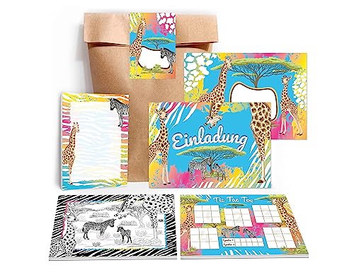 12 Einladungskarten zum Kindergeburtstag Einladung Geburtstag Mädchen Jungen Karten Safari Giraffe Zebra Pferd Sahara incl. 12 Umschläge, 12 Tüten, 12 Aufkleber, 12 Blöcke, 12 Mandalas, 12 Tic Tac Toe von Limonia