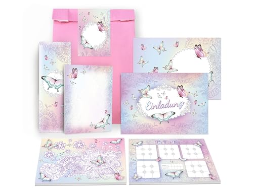 12 Einladungskarten zum Kindergeburtstag Einladung Geburtstag Mädchen Motiv Schmetterling Blumen inkl. 12 Umschläge, 12 Tüten, 12 Aufkleber, 12 Lesezeichen, 12 Blöcke, 12 Mandalas, 12 Tic Tac Toe von Limonia