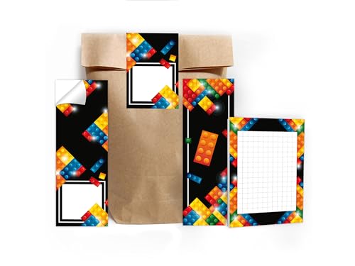12 Lesezeichen + 12 Mini-Notizblöcke je 25 Blätter A7 + 12 Tüten (natur) + 12 Aufkleber Set Gastgeschenk Mitgebsel zum Kindergeburtstag Motto-Party Unisex Teenies Mädels Jungs Bausteine bunt von Limonia