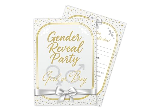 15 Einladungskarten zur Gender Reveal Party – Stilvolle Einladungen für die Babyparty: Boy oder Girl? Perfekt für die Baby-Überraschungsparty - Gold Silber, Schleife und Glitzerpunkte im edlen Design von Limonia
