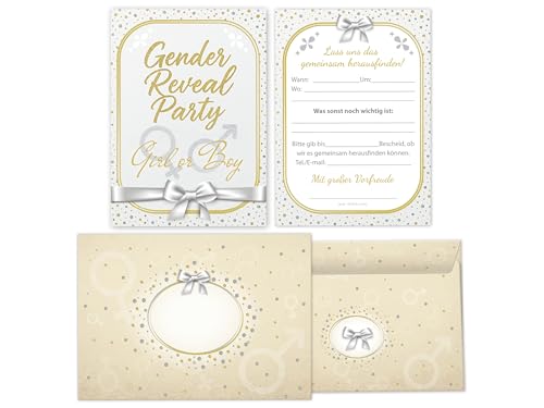 20 Einladungskarten mit Umschlägen zur Gender Reveal Party – Stilvolle Einladungen zur Babyparty 'Boy oder Girl' – Baby-Überraschungsparty – Gold und Silber, Schleife Glitzerpunkte im edlen Design 20 Einladungskarten mit Umschlägen zur Gender Reveal Party – Stilvolle Einladungen zur Babyparty 'Boy oder Girl' – Baby-Überraschungsparty – Gold und Silber, Schleife Glitzerpunkte im edlen Design von Limonia