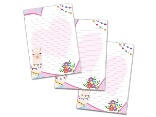 3 bunte Motiv Schreibblöcke A5 Briefpapier liniert für Mädchen Kinder Schule Lama Alpaka rosa Herz (3 Blöcke A5 mit je 25 Blättern) von Limonia