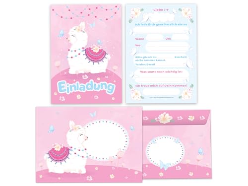 6 Einladungskarten inkl. 6 Umschläge zum Kindergeburtstag Motto-Party Einladung Set Geburtstag Mädchen Kinder Motiv Tiere Kamel Lama Alpaka blau rosa von Limonia