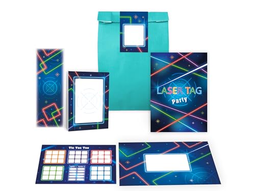 6 Einladungskarten zum Kindergeburtstag Laser Tag Party Lasern Unisex Mädchen Kinder Jungs Jungen Boys Gastgeschenk inkl. 6 Umschläge, 6 Tüten, 6 Aufkleber, 6 Lesezeichen, 6 Blöcke, 6 Tic Tac Toe von Limonia