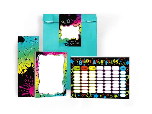 6 Lesezeichen, 6 Mini-Notizblöcke A7, 6 Stadt-Land-Fluss A6 je 25 Blätter + 6 Tüten (türkis) + 6 Aufkleber Set Gastgeschenk Mitgebsel zum Kindergeburtstag Party Jungen Kinder bunt Sterne neon von Limonia