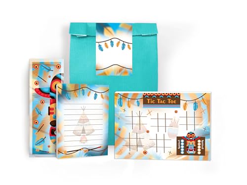 6 Lesezeichen, 6 Mini-Notizblöcke A7, 6 Tic Tac Toe A6 je 25 Blätter + 6 Tüten + 6 Aufkleber Set Gastgeschenk Mitgebsel zum Kindergeburtstag Motto-Party Unisex Teenies Mädels Jungs Indianer Federn von Limonia
