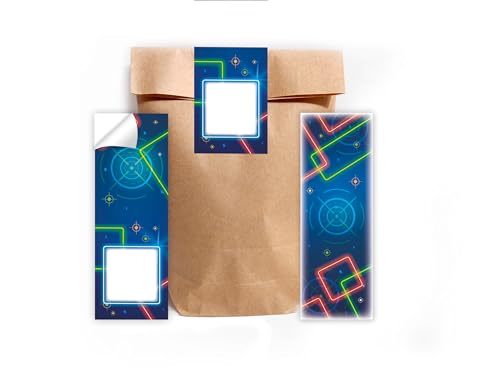 6 Lesezeichen + 6 Geschenktüten (natur) + 6 selbstklebende Aufkleber Set Gastgeschenk Mitgebsel zum Kindergeburtstag Motto-Party Fest Feier Jungen Jungs Boys Mädchen Schule Lasertag Lasern neon von Limonia