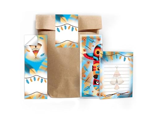 6 Lesezeichen + 6 Mini-Notizblöcke je 25 Blätter A7 + 6 Tüten (natur) + 6 Aufkleber Set Gastgeschenk Mitgebsel zum Kindergeburtstag Motto-Party Unisex Teenies Mädels Jungs Indianer Federn Abenteuer von Limonia