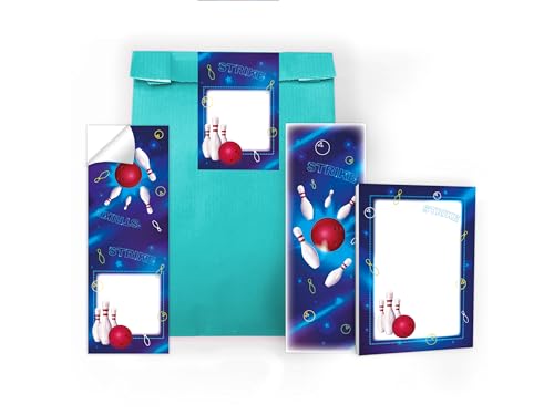 6 Lesezeichen + 6 Mini-Notizblöcke je 25 Blätter A7 + 6 Tüten (türkis) + 6 Aufkleber Set Gastgeschenk Mitgebsel zum Kindergeburtstag Motto-Party Jungen Jungs Boys Mädchen Schule Bowling Kegeln neon von Limonia