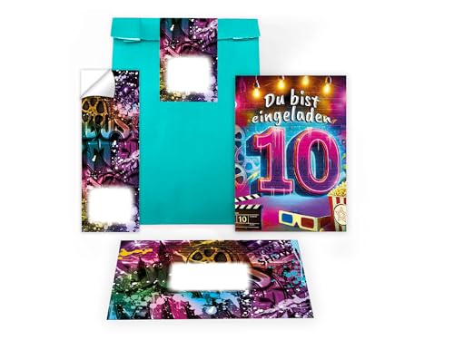 8 Einladungskarten zum 10. Geburtstag Kindergeburtstag Kino Cinema Party Graffiti Street Art Einladung Set Mädchen Kinder Jungs Jungen Boys Geschenktüte inkl. 8 Umschläge, 8 Tüten, 8 Aufkleber von Limonia