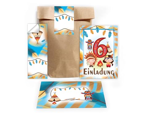 8 Einladungskarten zum 6. Kindergeburtstag Motto Einladung Geburtstag Mädchen Kinder Jungs Jungen Boys Geschenktüte Set inkl. 8 Umschläge, 8 Tüten, 8 Aufkleber Indianer Indianerdorf Tipi Powwow von Limonia
