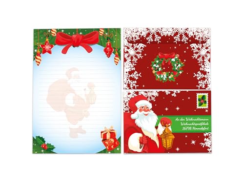 Briefpapier-Set A5 Weihnachtsmann Schreibblock liniert mit Umschlag Weihnachten Wichtelgeschenk für Kinder (1 Block A5 mit 25 Blättern + 15 bunt bedruckte Kuverts "An den Weihnachtsmann") von Limonia
