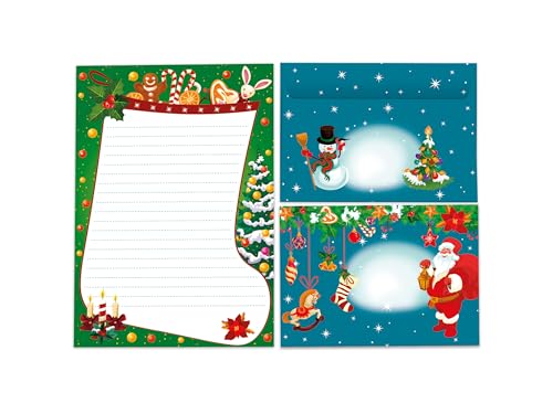 Briefpapier-Set A5 Weihnachtsstiefel grün Schreibblock liniert mit Umschlag Motiv Weihnachten für Wichtelgeschenk Kinder Jungen Mädchen (1 Block A5 mit 25 Blättern + 15 bunt bedruckte Kuverts) von Limonia