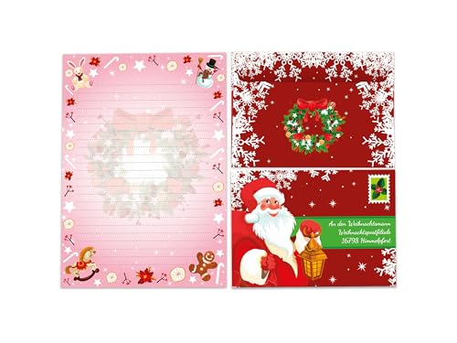 Briefpapier-Set A5 rosa Schreibblock liniert mit Umschlag Weihnachten Wichtelgeschenk für Kinder (1 Block A5 mit 25 Blättern + 15 bunt bedruckte Kuverts "An den Weihnachtsmann") von Limonia