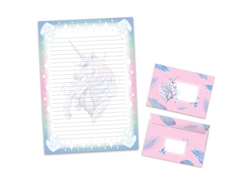 Briefpapier-Set Einhorn Schreibblock liniert zum Ausmalen mit Umschlag für Mädchen Kinder Schule Pferd rosa blau (1 Block A4 mit 25 Blättern + 15 Briefumschläge) von Limonia