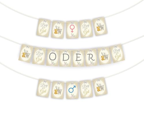 Girlande zur Gender Reveal Party – Dekoration mit eigenem Text zur Bekanntgabe des Babygeschlechts - Fotoschooting-Deko Fotoecke - Gold und Silber 20 Karten DIN A5 mit 5 m Schnur von Limonia