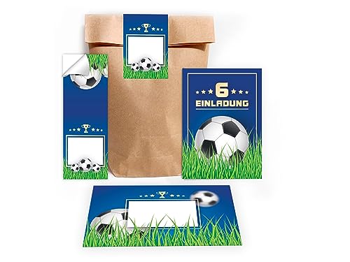 Limonia 10 Einladungskarten Fußball zum 6. Kindergeburtstag Einladung Geburtstag Mädchen Kinder Jungs Jungen Boys Fussball Turnier incl. 10 Umschläge, 10 Tüten, 10 Aufkleber blau von Limonia