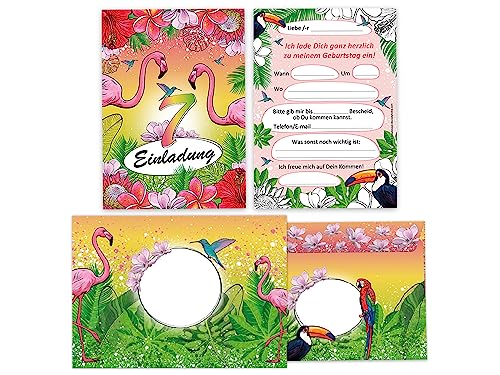 Limonia 10 Einladungskarten incl. 10 Umschläge zum 7. Geburtstag Einladung Kindergeburtstag Mädchen Karten Flamingo Kolibri Papagei Tropen Palmen von Limonia
