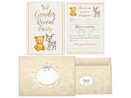 Limonia 10 Einladungskarten mit Umschlägen zur Gender Reveal Party – Stilvolle Einladungen zur Babyparty 'Boy oder Girl' – Baby-Überraschungsparty – Gold und Silber, süße Tiere, festlich, elegant von Limonia