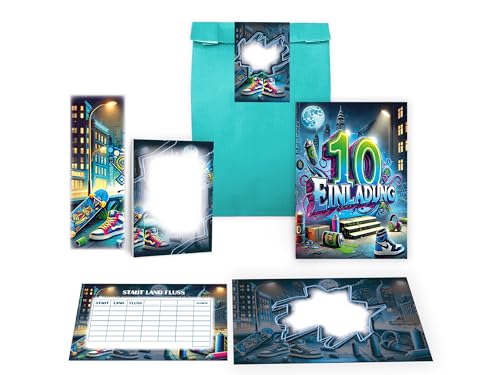 Limonia 10 Einladungskarten zum 10. Kindergeburtstag Graffiti Einladung Geburtstag Mädchen Boys Mitgebsel inkl. 10 Umschläge, 10 Tüten, 10 Aufkleber, 10 Lesezeichen, 10 Blöcke, 10 Stadt-Land-Fluss Limonia 10 Einladungskarten zum 10. Kindergeburtstag Graffiti Einladung Geburtstag Mädchen Boys Mitgebsel inkl. 10 Umschläge, 10 Tüten, 10 Aufkleber, 10 Lesezeichen, 10 Blöcke, 10 Stadt-Land-Fluss von Limonia